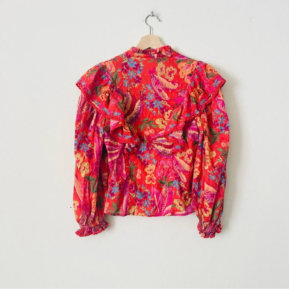 Farm Rio XS Spring Bananas red multicolor puff sleeve ruffle oversized blouse